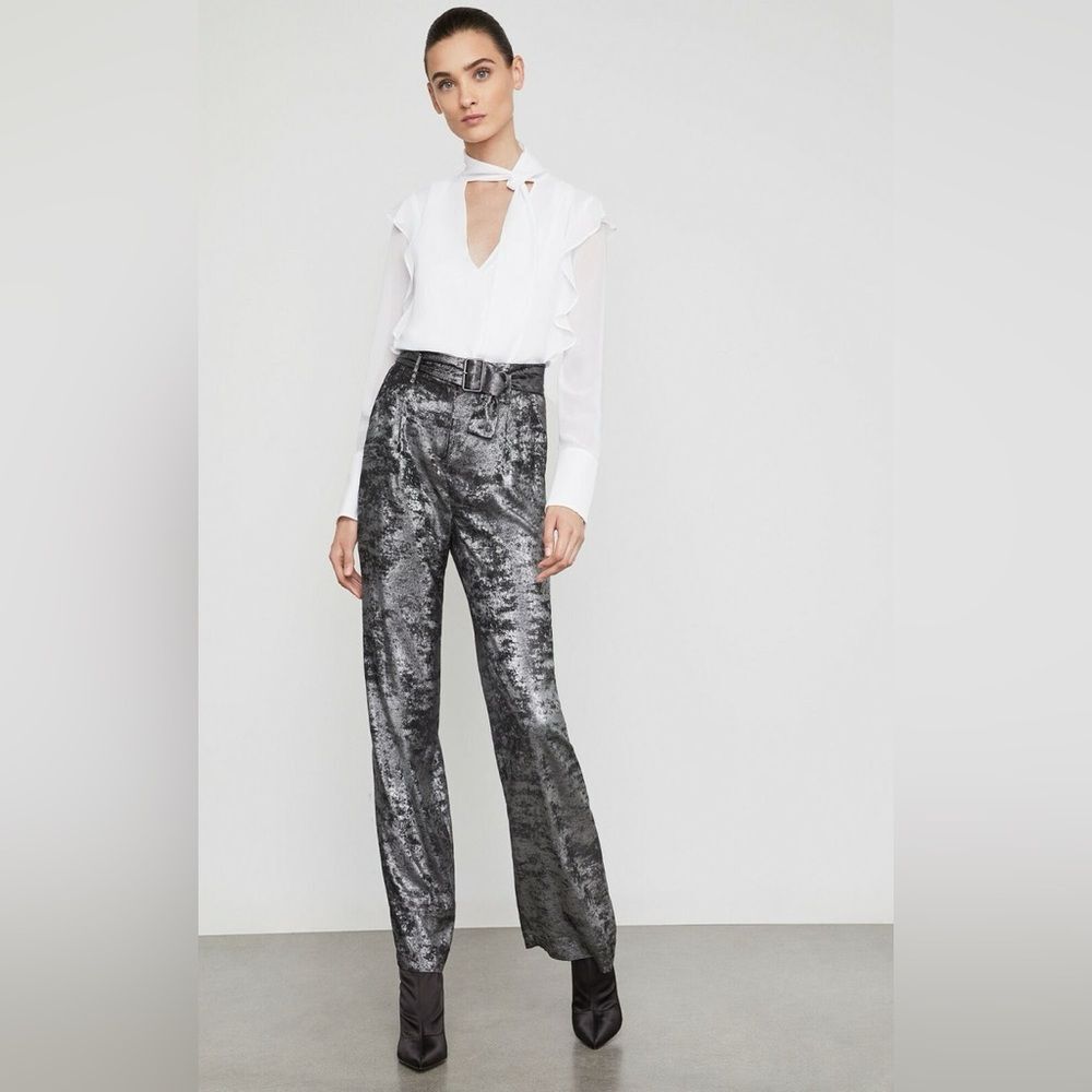 BCBGMAXAZRIA Metallic High Waist Pants Foil Silver Belted Wide Leg S Tall $248